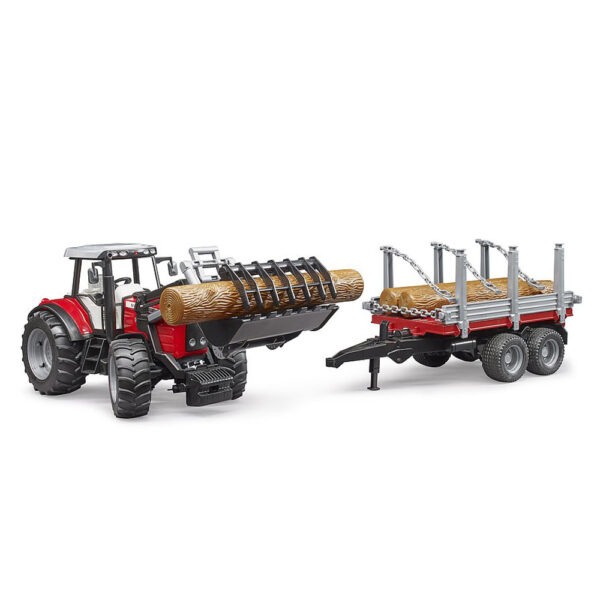 BRUDER - TRACTOR MASSEY FERGUSON 7480 CU INCARCATOR FRONTAL SI REMORCA PENTRU LEMNE - BR02046