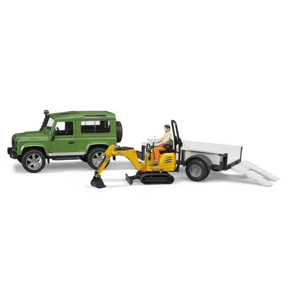 BRUDER - MASINA DE TEREN LAND ROVER DEFENDER CU REMORCA SI MICRO EXCAVATOR JCB CU MUNCITOR - BR02593
