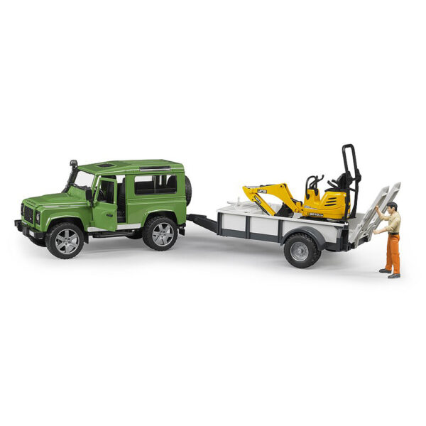 BRUDER - MASINA DE TEREN LAND ROVER DEFENDER CU REMORCA SI MICRO EXCAVATOR JCB CU MUNCITOR - BR02593