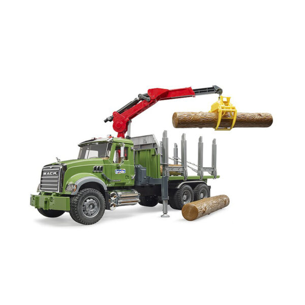 BRUDER - CAMION LEMNE MACK GRANITE CU MACARA DE INCARCARE, GRAIFER SI 3 BUSTENI - BR02824