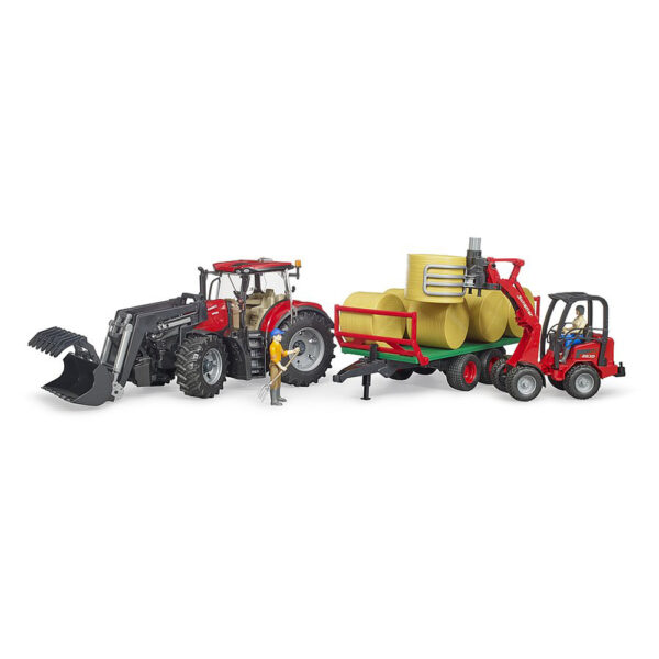 BRUDER - TRACTOR CASE IH OPTUM 300 CVX CU INCARCATOR FRONTAL SI REMORCA TRANSPORT CU 8 BALOTI - BR03198