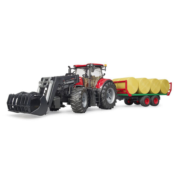 BRUDER - TRACTOR CASE IH OPTUM 300 CVX CU INCARCATOR FRONTAL SI REMORCA TRANSPORT CU 8 BALOTI - BR03198