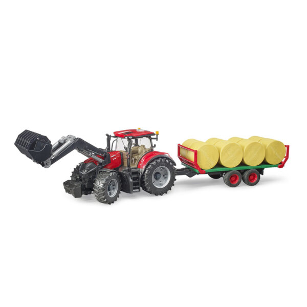 BRUDER - TRACTOR CASE IH OPTUM 300 CVX CU INCARCATOR FRONTAL SI REMORCA TRANSPORT CU 8 BALOTI - BR03198