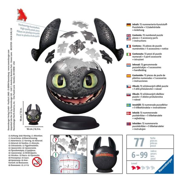 Puzzle 3D Dragons III_Toothless, 72 Piese - RVS3D11145