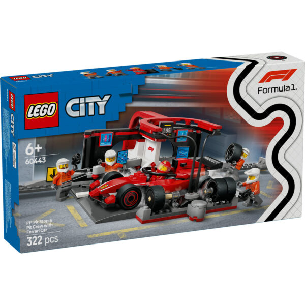 LEGO City - Boxa si mecanici F1 cu masina Ferrari 60443, 322 piese