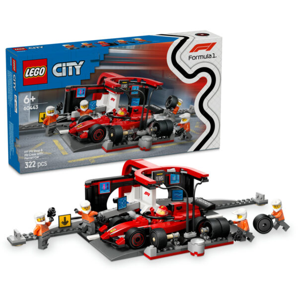 LEGO City - Boxa si mecanici F1 cu masina Ferrari 60443, 322 piese