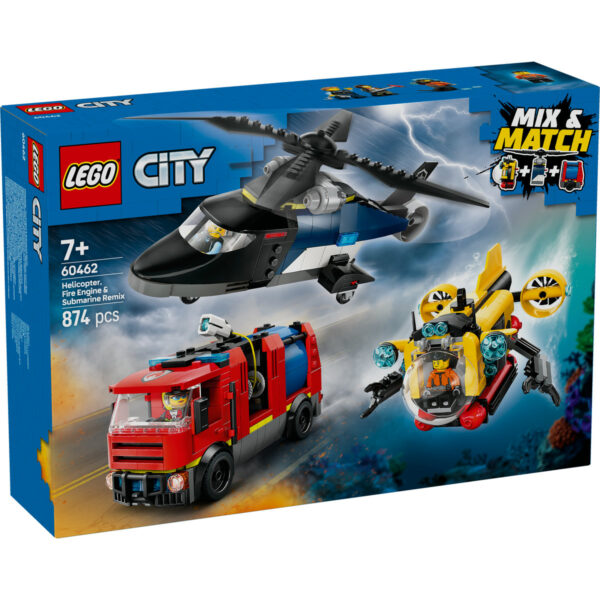 LEGO City - Elicopter, camion de pompieri si submarin remixate 60462, 874 piese