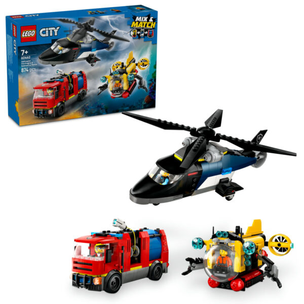 LEGO City - Elicopter, camion de pompieri si submarin remixate 60462, 874 piese