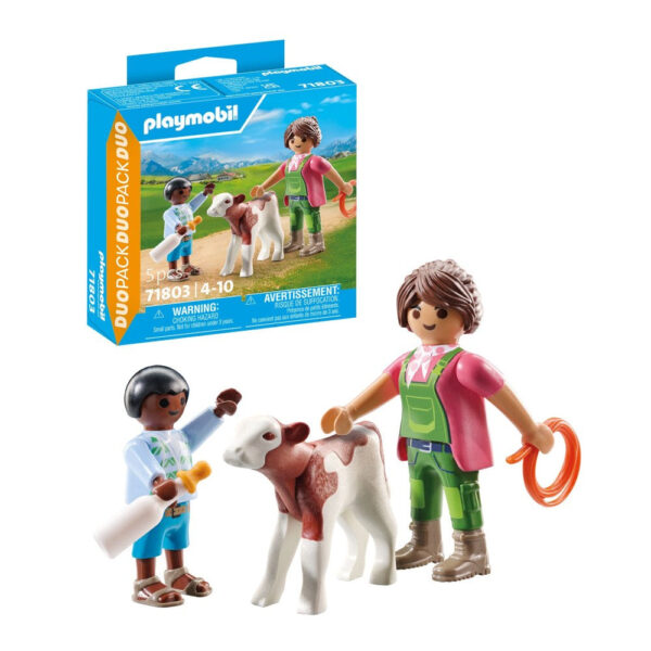 Playmobil - Set 2 figurine Femeie fermier cu copil si vitel - PM71803