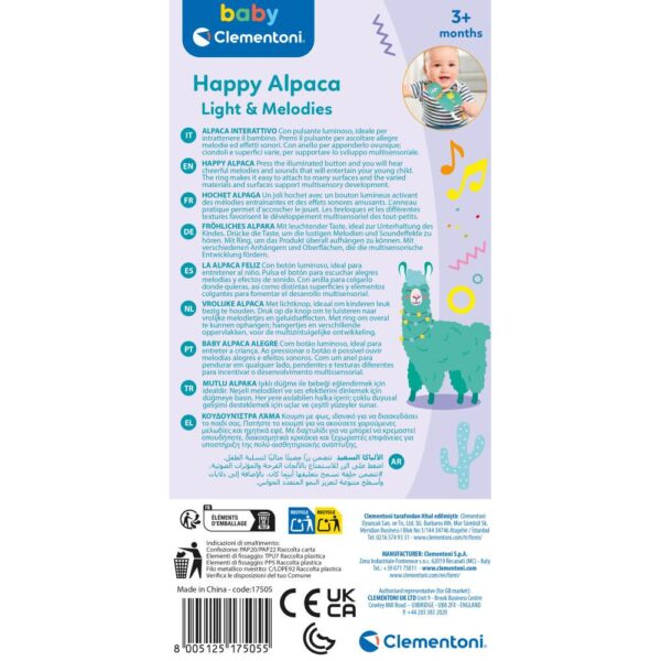 Clementoni - Zornaitoare interactiva alpaca cu lumini si sunete ce contribuie la dezvoltarea multisenzoriala - CL17505