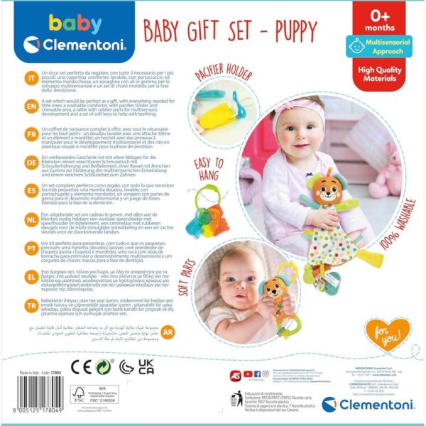 Clementoni - Set cadou bebelusi pentru dezvoltarea multisenzoriala ce include zornaitoare catel chei pentru dentitie si paturica de confort - CL17804