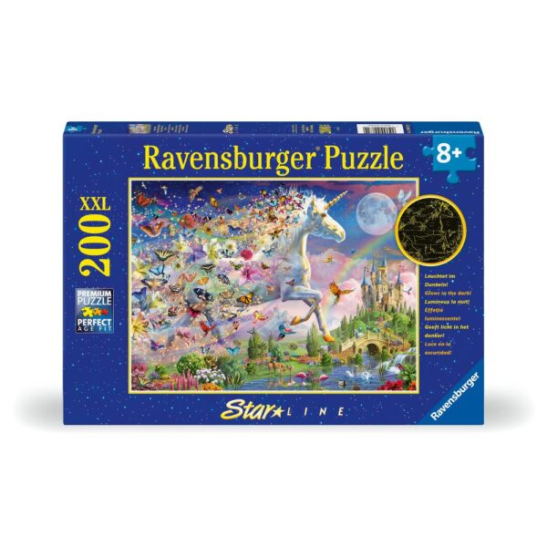 Ravensburger - Puzzle Star Line Unicorn si fluturi care lumineaza in intuneric 200 piese XXL - RVSPC00872