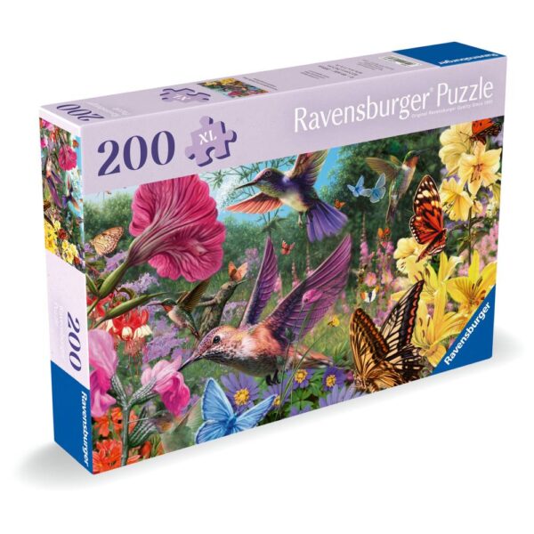 Ravensburger - Puzzle pentru varstnici pasari Colibri si fluturi cu sablon de imagine si suport din carton 200 piese mari XL - RVSPA01369