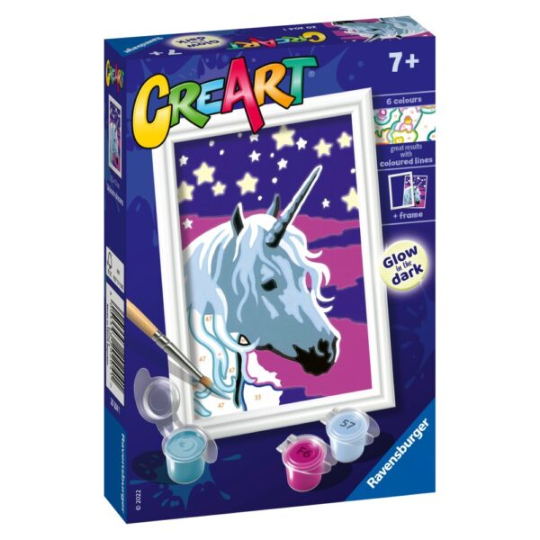 Ravensburger - CreArt pictura pe numere pentru copii unicorn visator care straluceste in intuneric - RVSPBN20204