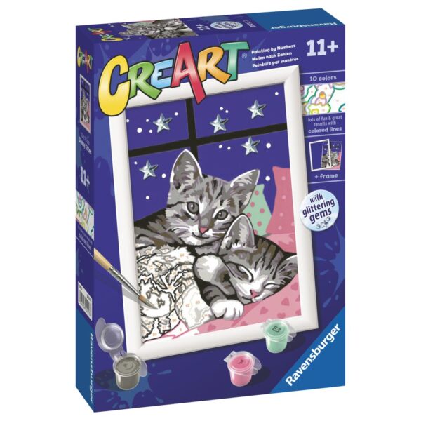 4005556202133_LEFT_3D Ravensburger - CreArt pictura pe numere pentru copii pisicute somnoroase cu pietre sclipitoare - RVSPBN20213