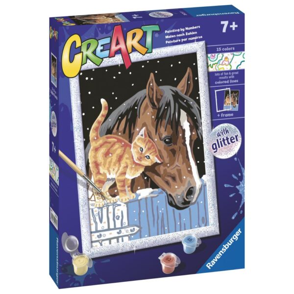 4005556202171_LEFT_3D Ravensburger - CreArt pictura pe numere pentru copii cu sclipici pisicuta si cal - RVSPBN20217