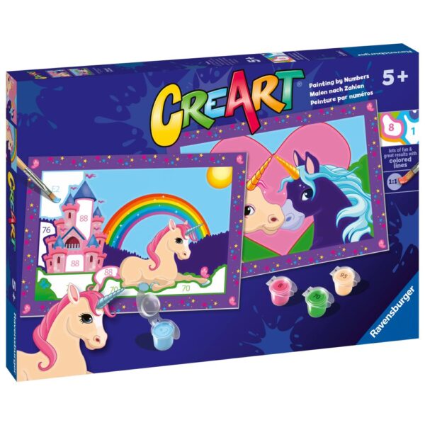 4005556235582_LEFT_3D Ravensburger - CreArt pictura pe numere pentru copii 2 sabloane cu unicorni magici - RVSPBN23558