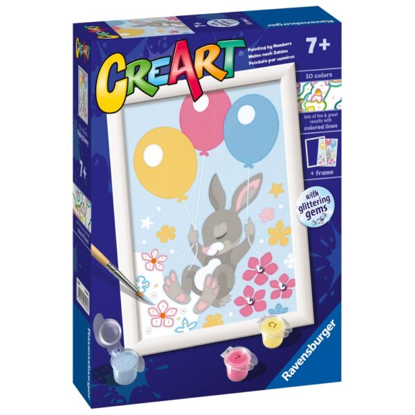 4005556235643_LEFT_3D Ravensburger - CreArt pictura pe numere pentru copii iepuras cu baloane si cu pietre sclipitoare - RVSPBN23564