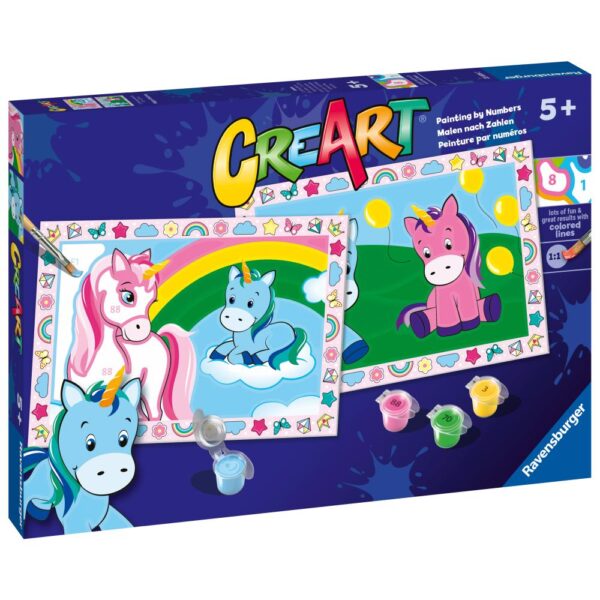 Ravensburger - CreArt pictura pe numere pentru copii 2 sabloane unicorni veseli - RVSPBN23699