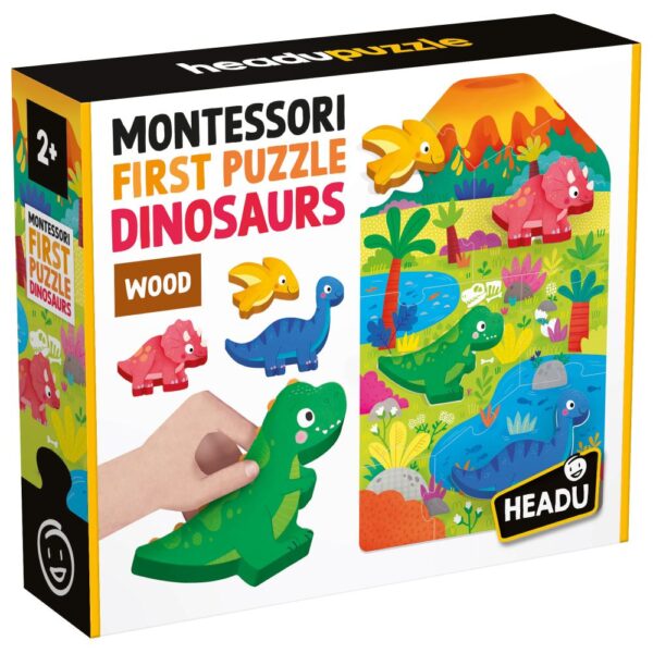 MU59025-RGB-1 Headu - Montessori primul meu puzzle cu Dinozauri ce include 4 forme din lemn - HE59025