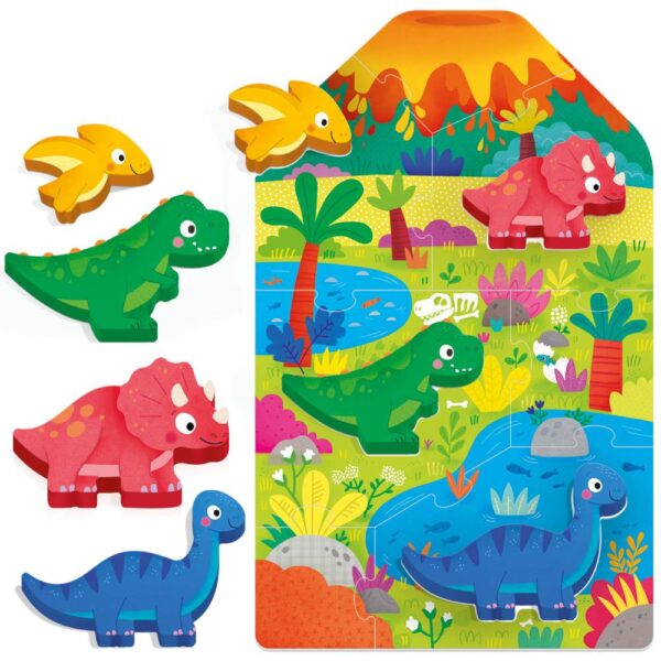 MU59025-RGB-2 Headu - Montessori primul meu puzzle cu Dinozauri ce include 4 forme din lemn - HE59025