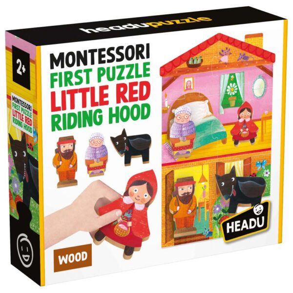 Headu - Montessori primul meu puzzle Scufita Rosie ce include 4 forme din lemn - HE59094