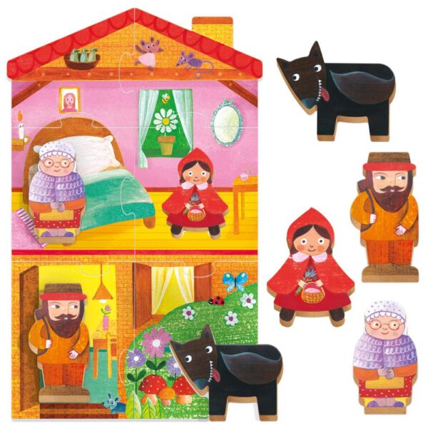 Headu - Montessori primul meu puzzle Scufita Rosie ce include 4 forme din lemn - HE59094