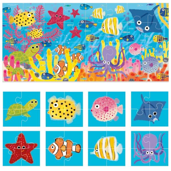 MU59759-RGB-2 Headu - 8+1 Puzzle Animale Marine cu piese mari imprimate pe ambele fete - HE59759