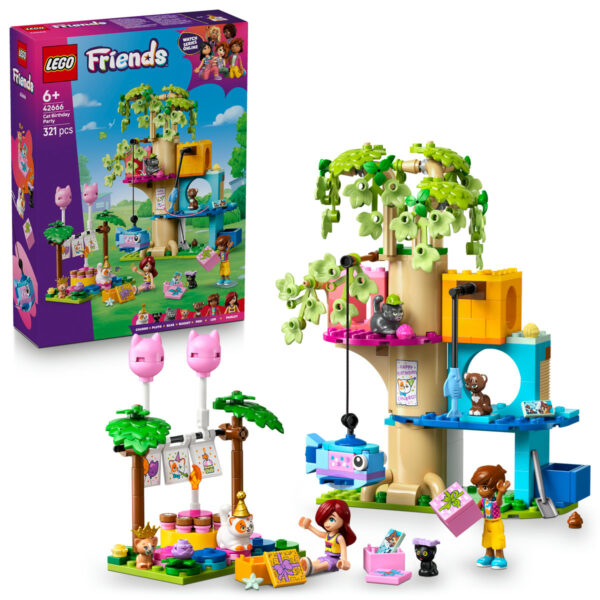 LEGO Friends - Petrecere de ziua de naştere a pisicii şi căsuţă în copac 42666, 321 piese
