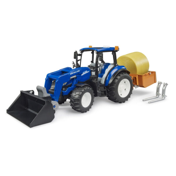 Bruder - Tractor New Holland T5.120 cu incarcator frontal detasabil lada pentru basculat baloti si furci - BR02187