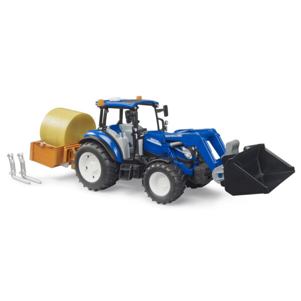 Bruder - Tractor New Holland T5.120 cu incarcator frontal detasabil lada pentru basculat baloti si furci - BR02187