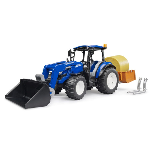 Bruder - Tractor New Holland T5.120 cu incarcator frontal detasabil lada pentru basculat baloti si furci - BR02187