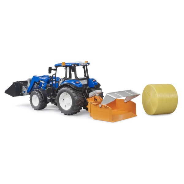 Bruder - Tractor New Holland T5.120 cu incarcator frontal detasabil lada pentru basculat baloti si furci - BR02187
