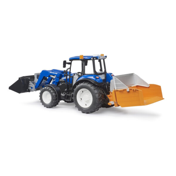 Bruder - Tractor New Holland T5.120 cu incarcator frontal detasabil lada pentru basculat baloti si furci - BR02187