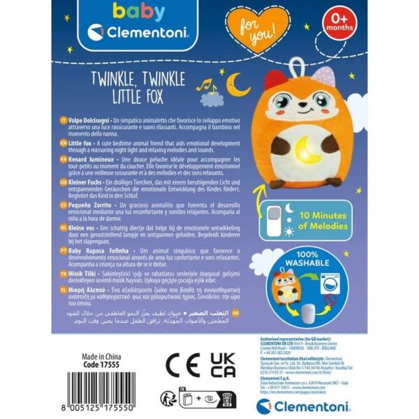 Clementoni - Jucarie vulpe de plus cu lumina de noapte si sunete pentru relaxare si somn linistit - CL17555