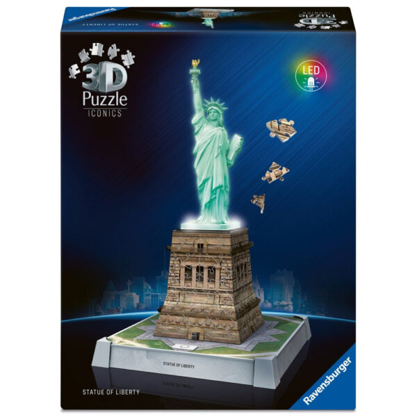 4005555080275_FRONT_3D Ravensburger - Puzzle 3D iconic Statia Libertatii cu LED 108 piese model de colectie in miniatura - RVS3D08027