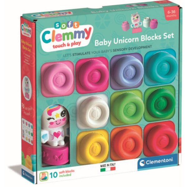 Clementoni - Set de joaca educational Soft Clemmy Unicorn cu 10 cuburi de constructie moi si lavabile - CL17630