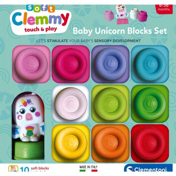 Clementoni - Set de joaca educational Soft Clemmy Unicorn cu 10 cuburi de constructie moi si lavabile - CL17630