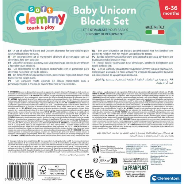 Clementoni - Set de joaca educational Soft Clemmy Unicorn cu 10 cuburi de constructie moi si lavabile - CL17630