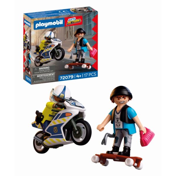 Playmobil - Jucarie de rol Politist cu motocicleta in urmarirea hotului - PM72079